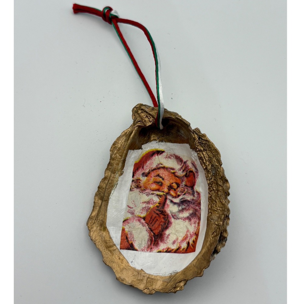 Handmade Vintage Santa Oyster Shell Christmas Ornament Gold Red White Coastal